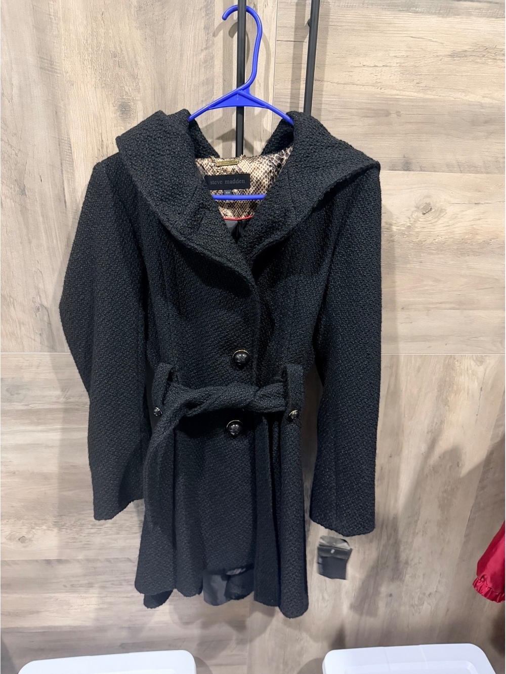Steve Madden Women's Black Wool Blend Hooded Belted Coat Size Medium